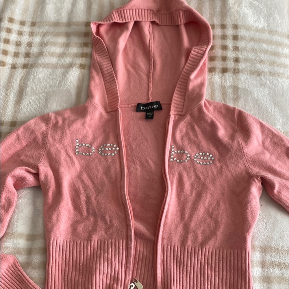 Bebe Pink Zip-Up Hoodie with Rhinestone Logo